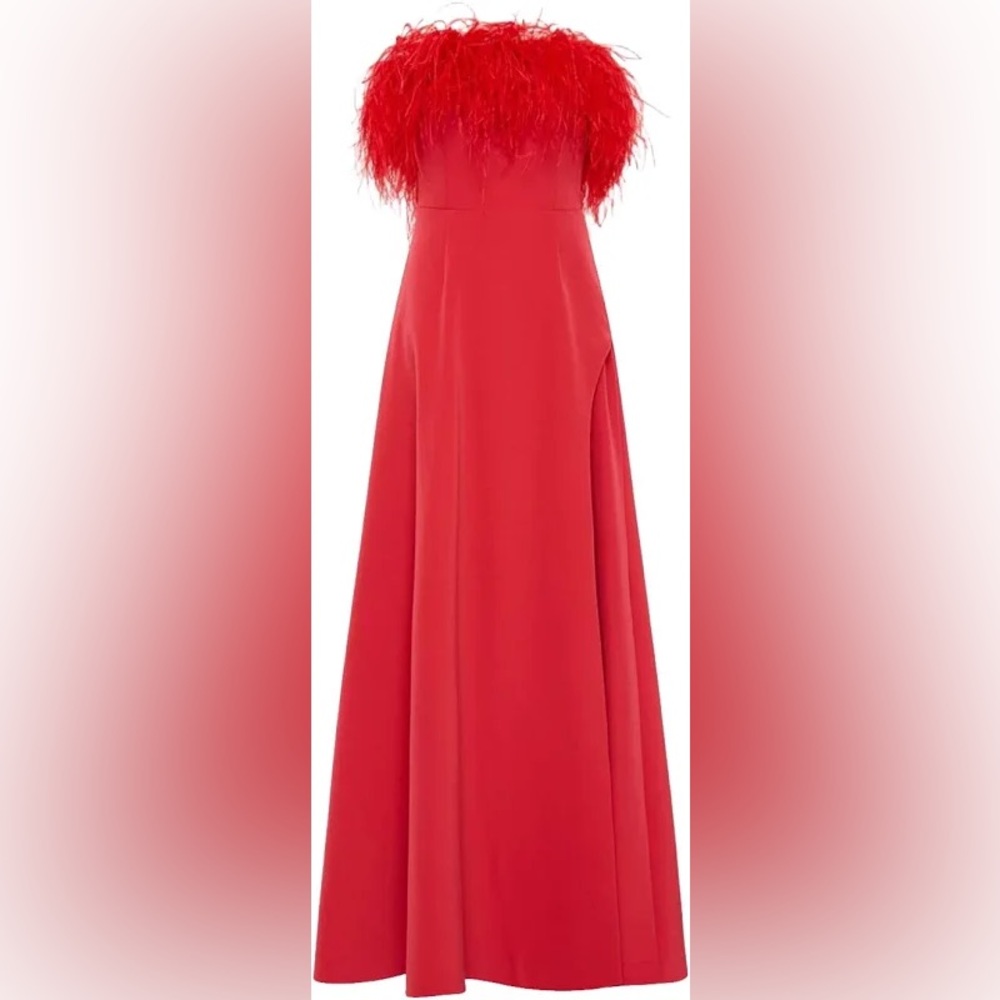 Rachel Gilbert Red Linc Ostrich Embellished Strapless High Slit Gown AU0/US2 NWT